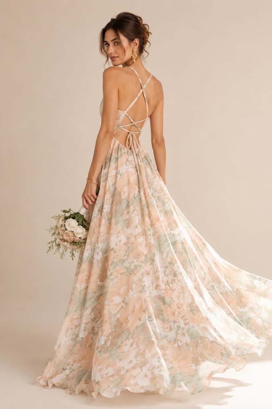 AAKAA NWT Romantic Garden Wedding Guest Floral Lace Up Back Chiffon Maxi Dress